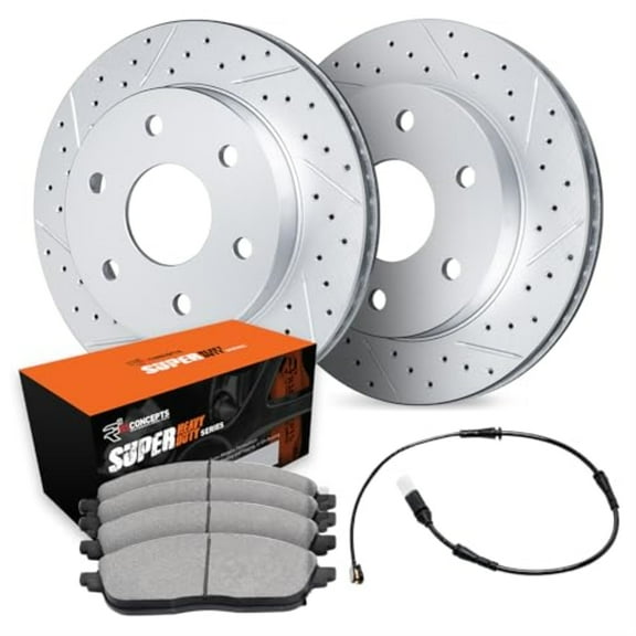R1 Concepts Drilled and Slotted Carbon Coated Disc Brake Rotor Set with Super Duty Pads and Sensor WBXC1-40001