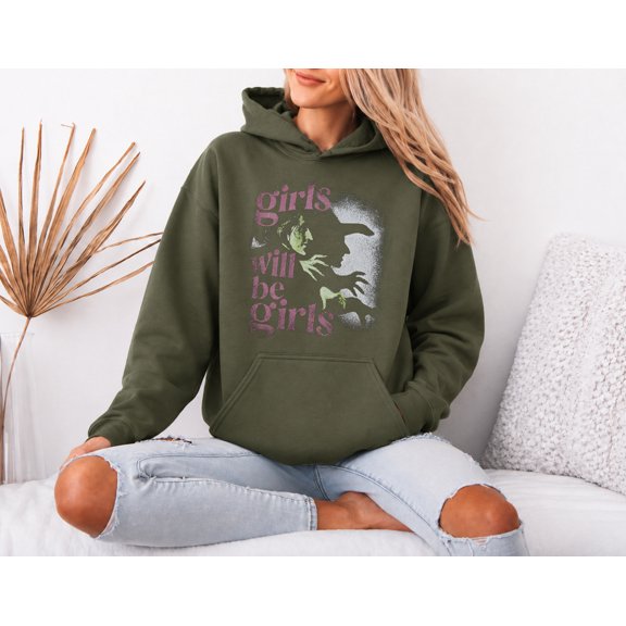 Girls Will Be Girls Hoodie, Funny Witch Halloween Hooded Sweatshirt, Green Witch Spooky Season Pullover, Retro Halloween Womens Shirt