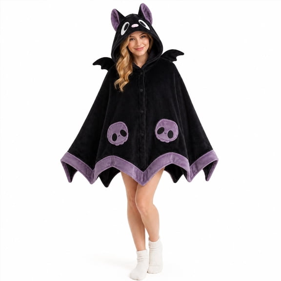 Wmens Wearable Bat Onesie Hooded Blanket, Bat Wing Hoodie Cape Blanket, Plush Coral Fleece Wrap for Halloween Party, Camping & Daily Relax