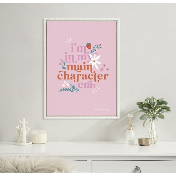 Kate and Laurel Sylvie Beaded Main Character Era Vintage Framed Canvas Wall Art by Leonora Jennifer Benza of Yellow Heart Art, 18x24 White, Cute Pink Quote Art for Wall