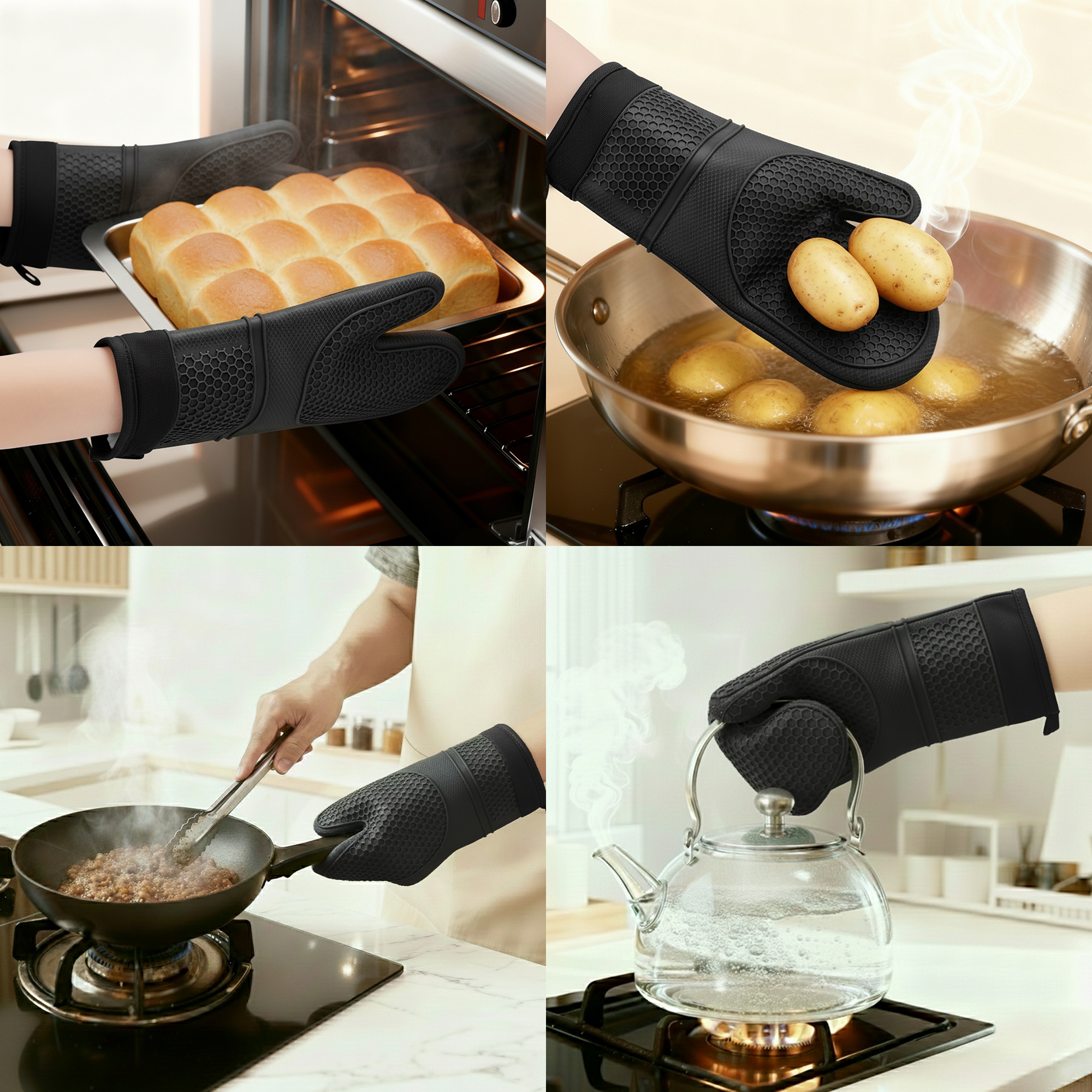 Unique Bargains Heat Resistant Soft Silicone Oven Mitts Set of 2 Black 13x7.5 Inch