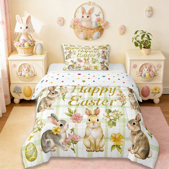 Erosebridal Happy Easter Rabbit Twin Comforter Sets,Retro Watercolor Easter Eggs Bedding Set For Girls Kids Reversible 2pcs