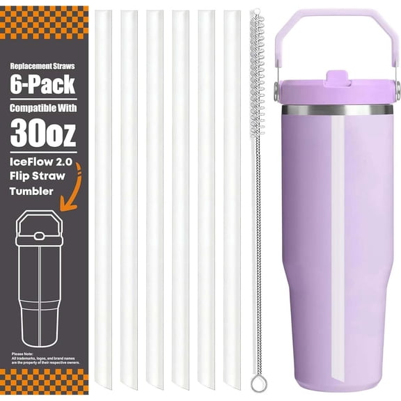 Replacement Straws for Stanley IceFlow 2.0 Flip Straw Tumbler 30oz, 6 Pack Reusable Clear Plastic Straws Compatible with 30oz IceFlow Cup with Cleaning Brush, Angled Design, Dishwasher Safe