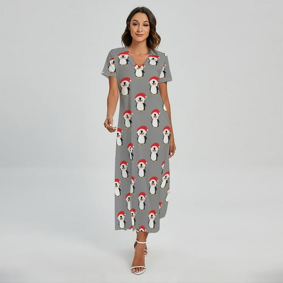 Christmas Santa Penguin Pattern Printed Short Sleeve Maxi Dress, Jesus Christian Fashion Summer Maxi Dress For Women