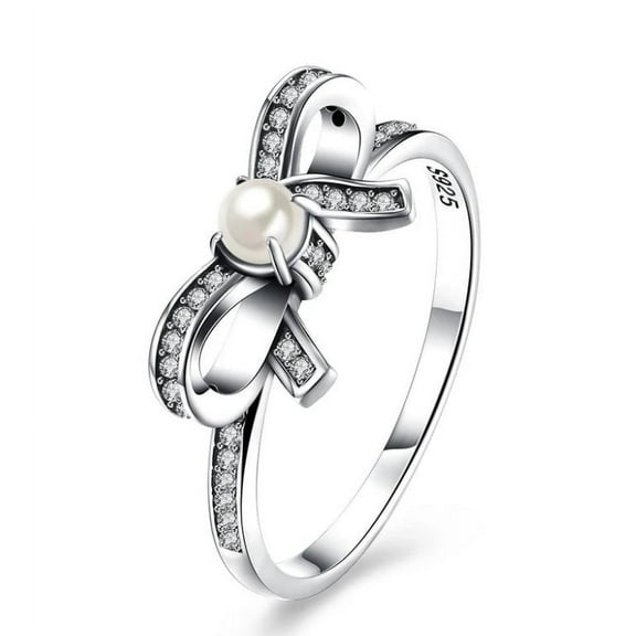 Womens Sterling Silver Ring with Pearl Inlay and Bow Natural Geometric Design Fashion Jewelry Electroplated Finish Ring
