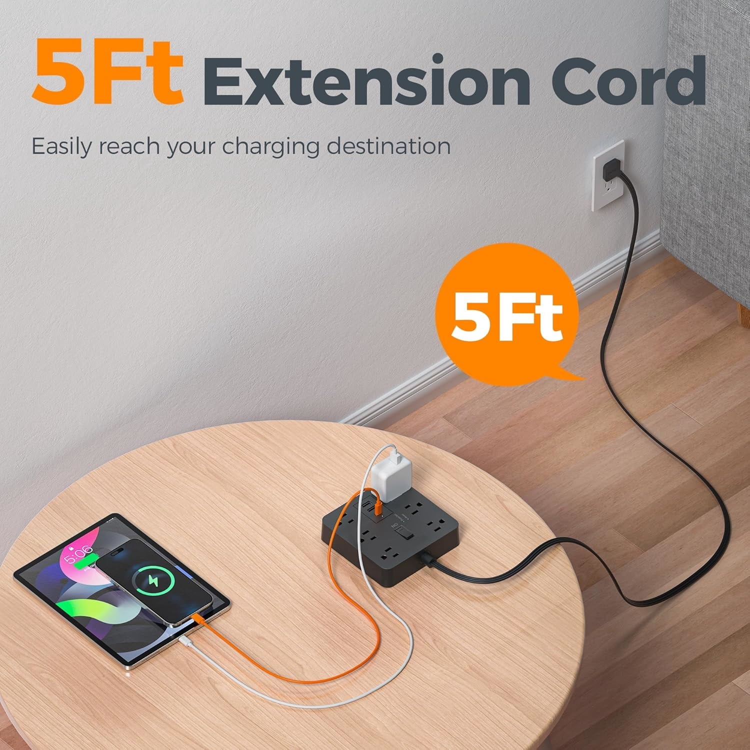 5FT Flat Plug Extension Cord, Surge Protector Power Strip with 6 Outlets and 3 USB(1 USB C), 1700J Protection Multiple Outlets Charging Station