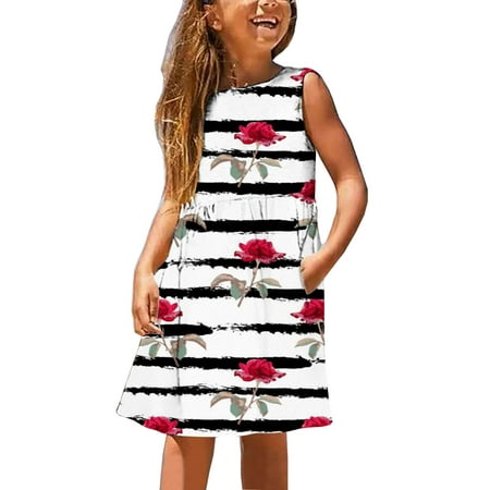 

ZCFZJW Girl s Floral Print Sleeveless A Line Dress Loose Fit Casual Summer Crewneck Pleated Mini Dresses Holiday Vacation Kids Daily Beach Sundress White 11-12 Years