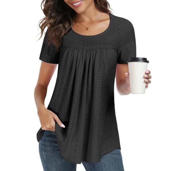 JuneFish Women's Tops Summer Sleeve Shirts Eyelet T Shirt Hollow Casual Blouse