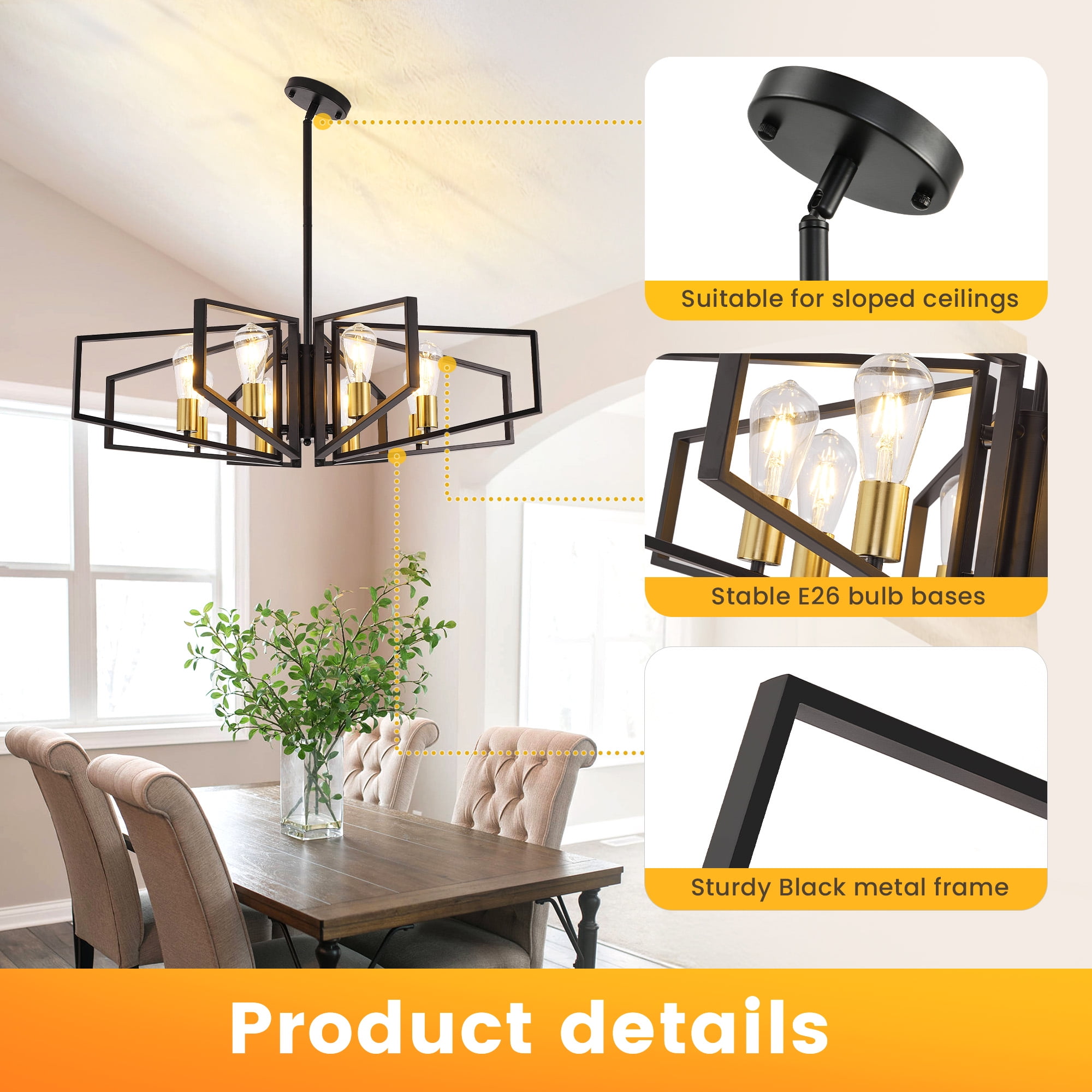 LovingAHome 8-Light Dinging Room Lighting Chandeliers for Dining Room Kitchen Island, Black&Gold