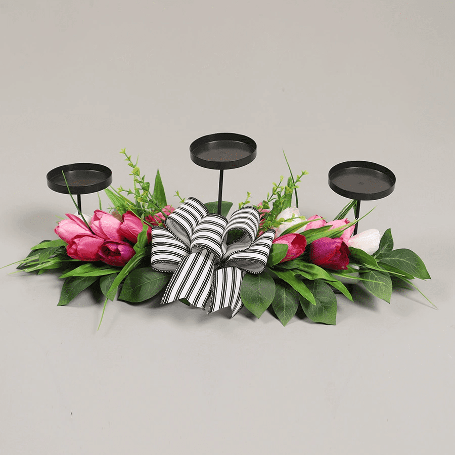 Spring Summer Table Centerpiece - Artificial Tulip Flowers with Eucalyptus Leaves & Bows, Candle Holder for Dining Room, Outdoor Home Decor (Floral Farmhouse Decor)