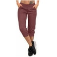 thumbnail image 3 of Eryao Womens Plus Size Jogger Capris with Pockets Elastic Waist Solid Color Pants Lightweight Loose Lounge Yoga Capri Pants Wine XXL, 3 of 9