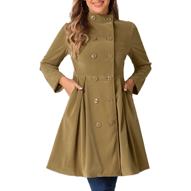 Abrigo A-Line de Terciopelo para Mujeres INSPIRE CHIC, Doble Botonadura, Cuello Alto, Trench de Invierno de Longitud Media, Talla XS, Color Caqui