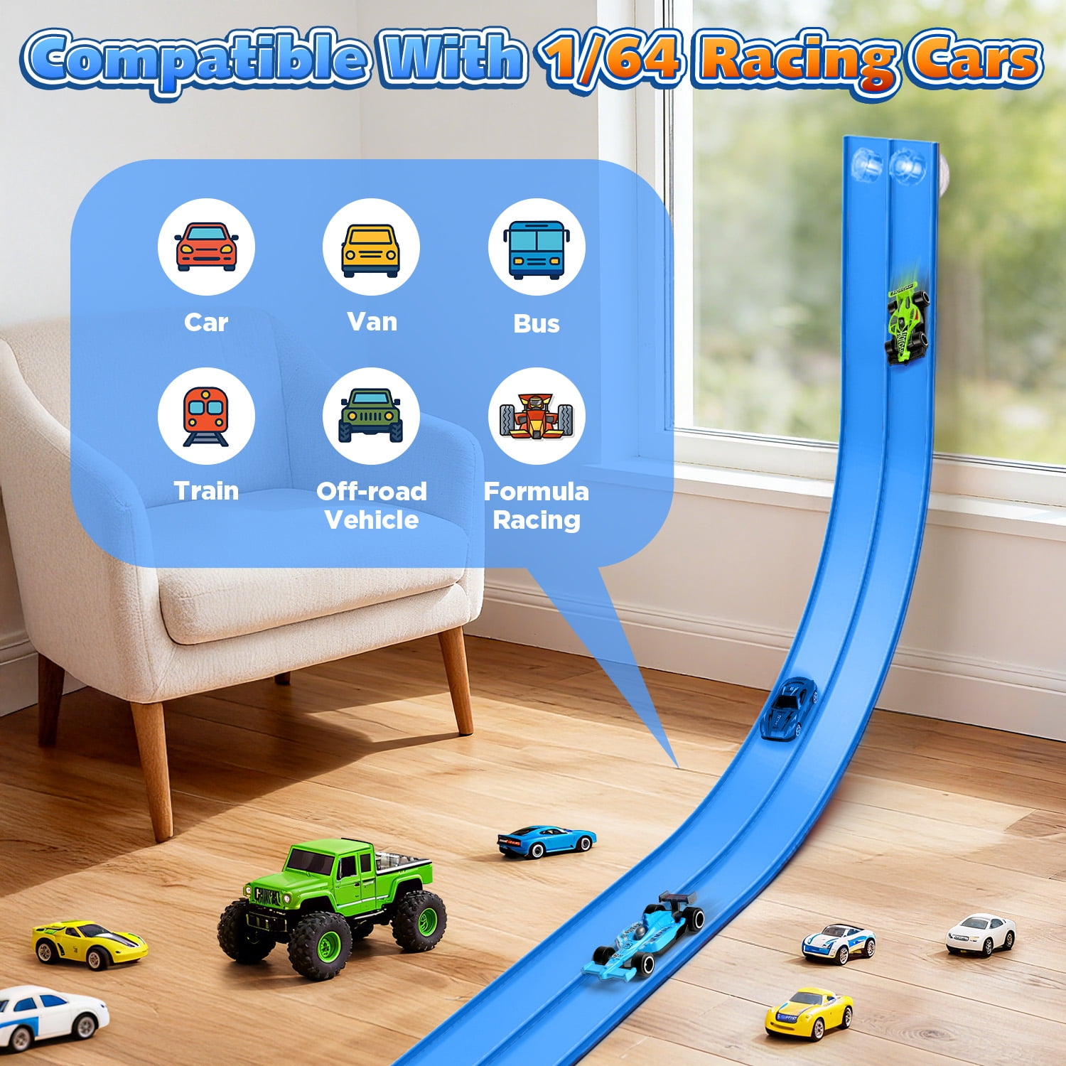 Beefunni Flexible Race Track for Kids, Bendable Track with Suction Cups, Portable & Foldable Indoor/Outdoor Toy, Compatible with Most 1:64 Toy Cars, Creative Gift for Boys & Girls (Blue)