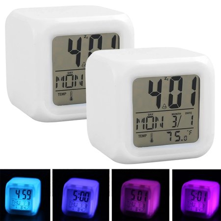 JJYY 1PC/2Pcs Mini 7-Color Changing LED Digital Alarm Clock - Glowing Cube with Date, Alarm, and Thermometer for Desktop or Bedside Table