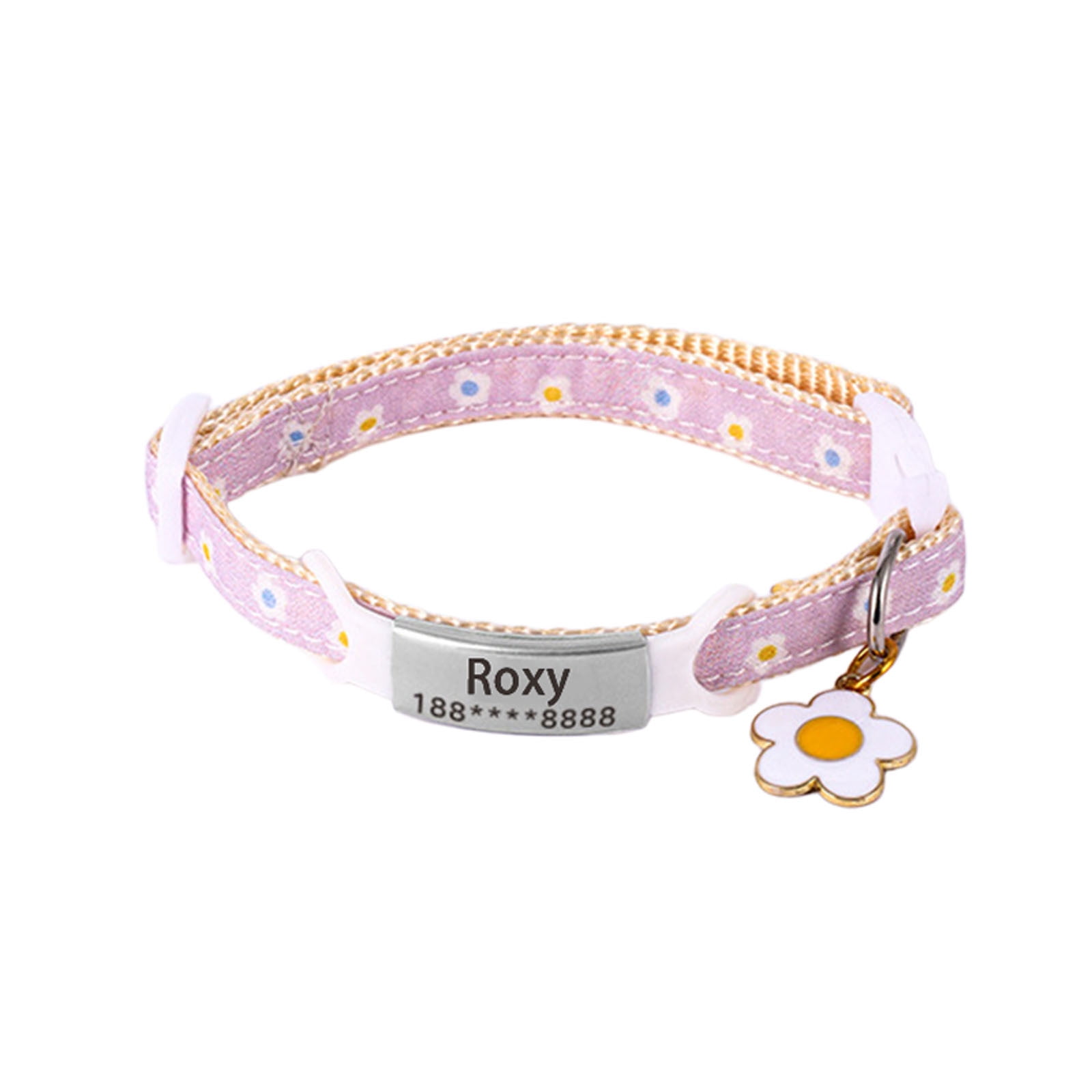 Personalized Plaid Cat Collar with Breakaway Buckle Custom Engraved Name Tag & Flower Bell Adjustable for Cats and Kittens (Purple)