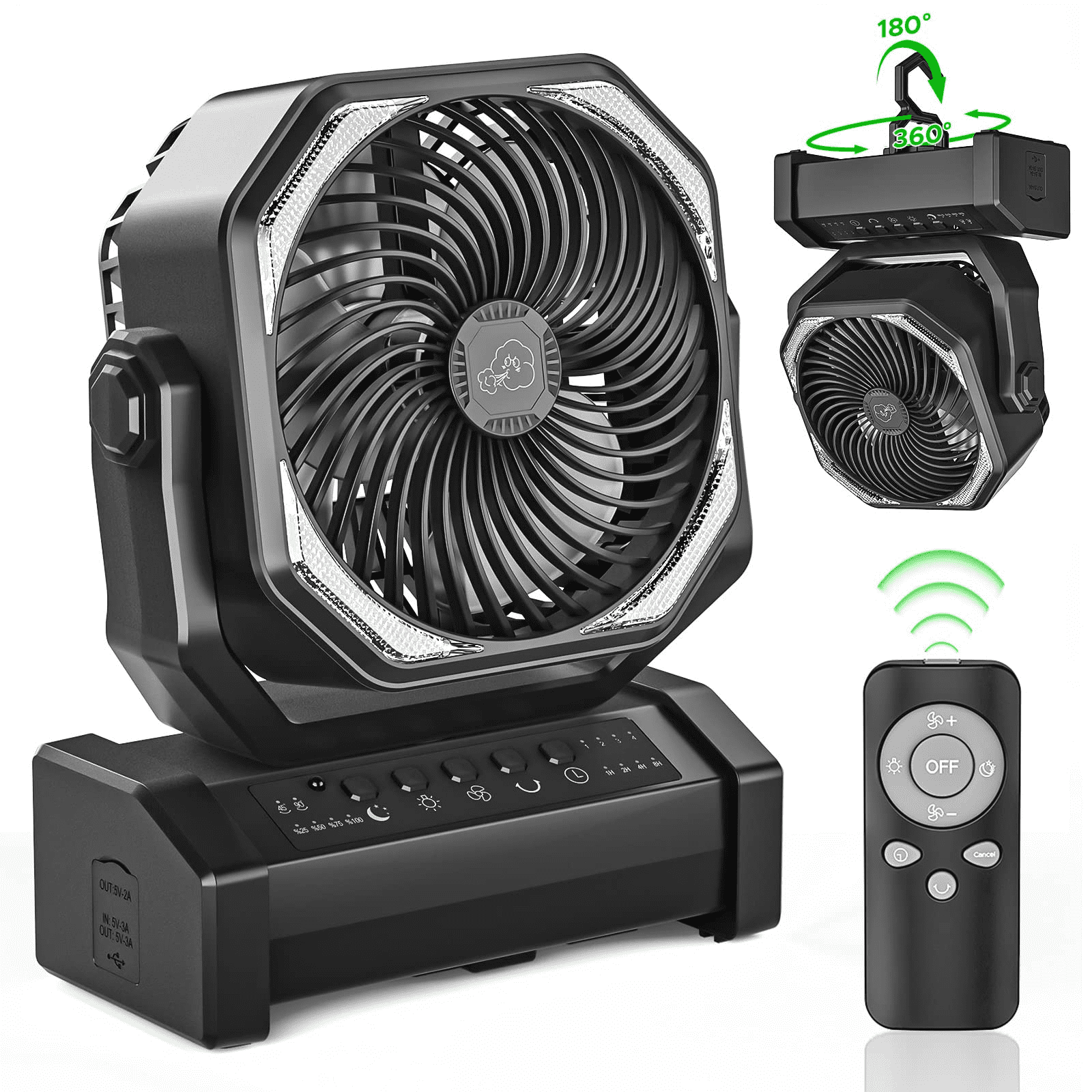 Portable Camping Tent Fan 20000mAh Rechargeable Battery Operated Desk Fan  Auto Oscillating with LED Lantern and Remote - Walmart.com