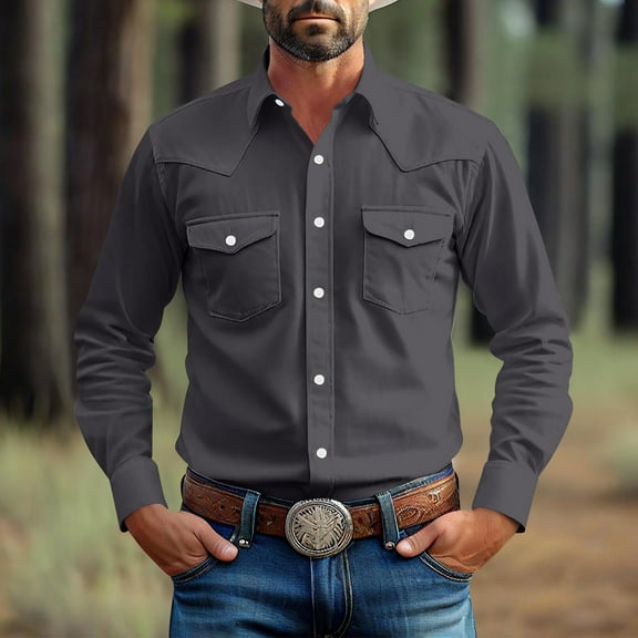 Kilaqueen Western Cowboy Shirts for Men Pearl Snap Button Down Cotton Work T-Shirt with Two Pockets, Plus Size Long Sleeve Casual Collared Office Shirts