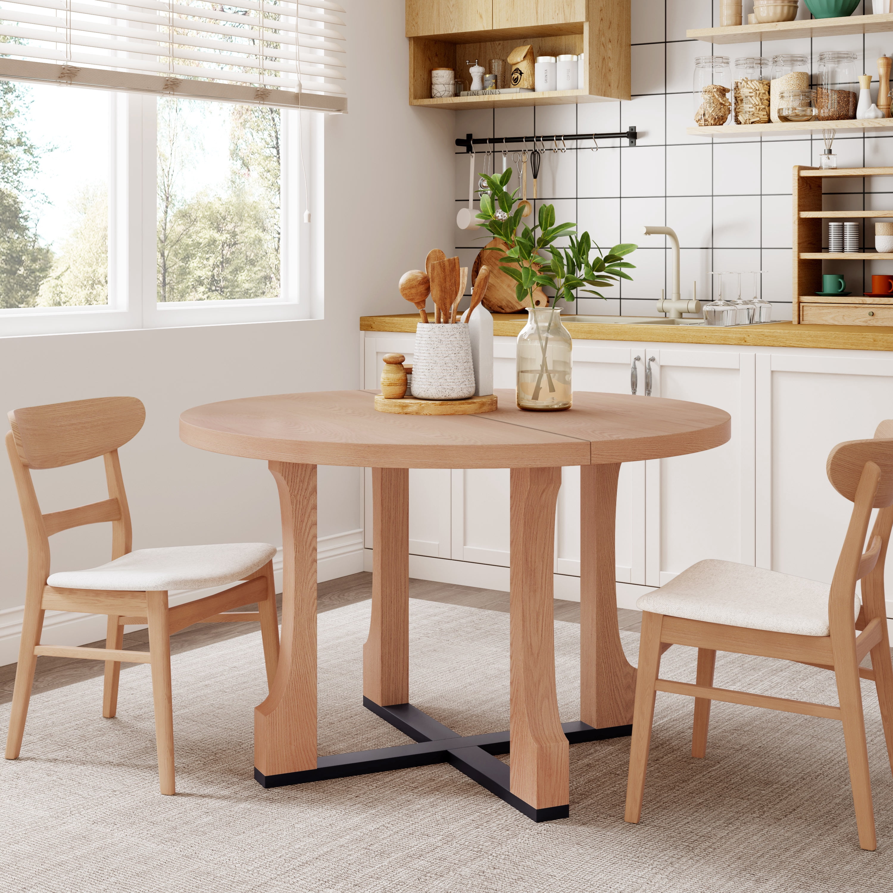 Euroco 48" Round Dining Table for 4, Farmhouse Kitchen Table with Wooden Frame for Kitchen Living Room,Natural+Black