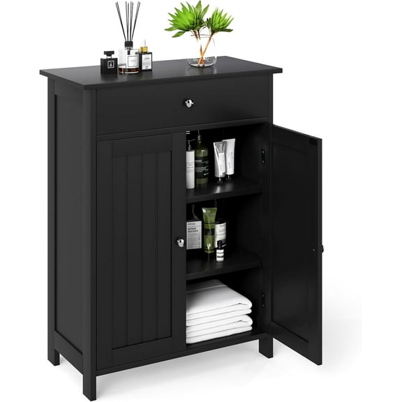 WoofPaw Storage Cabinet, Freestanding Bathroom Cabinet with 2 Doors, 1 Drawer, 3-Level Adjustable Shelf, Modern Wooden Storage Organizer for Laundry Room, Entryway, Living Room (Black)