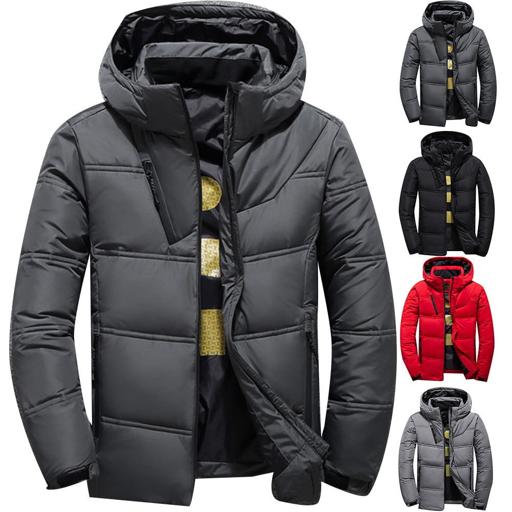 Koszal Men Winter Solid Color Zipper Warm Hooded Down Jacket Outdoor ...