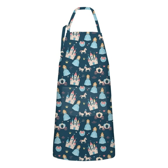 Dark Blue Princess Castle Pattern Apron-Garden Aprons for Women with Pockets-Cotton Linen Waterproof Kitchen Cooking Gardening Aprons Adjustable for Kitchen,Cooking,BBQ and Salon 33x27 Inch