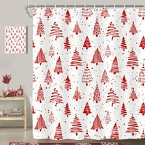 Christmas Shower Curtain, Red White Xmas Tree Bathroom Shower Curtain Sets, Cute New Year Holiday Decor Polyester Fabric Bathroom Accessory Sets with 12 Hooks 72x72 inch