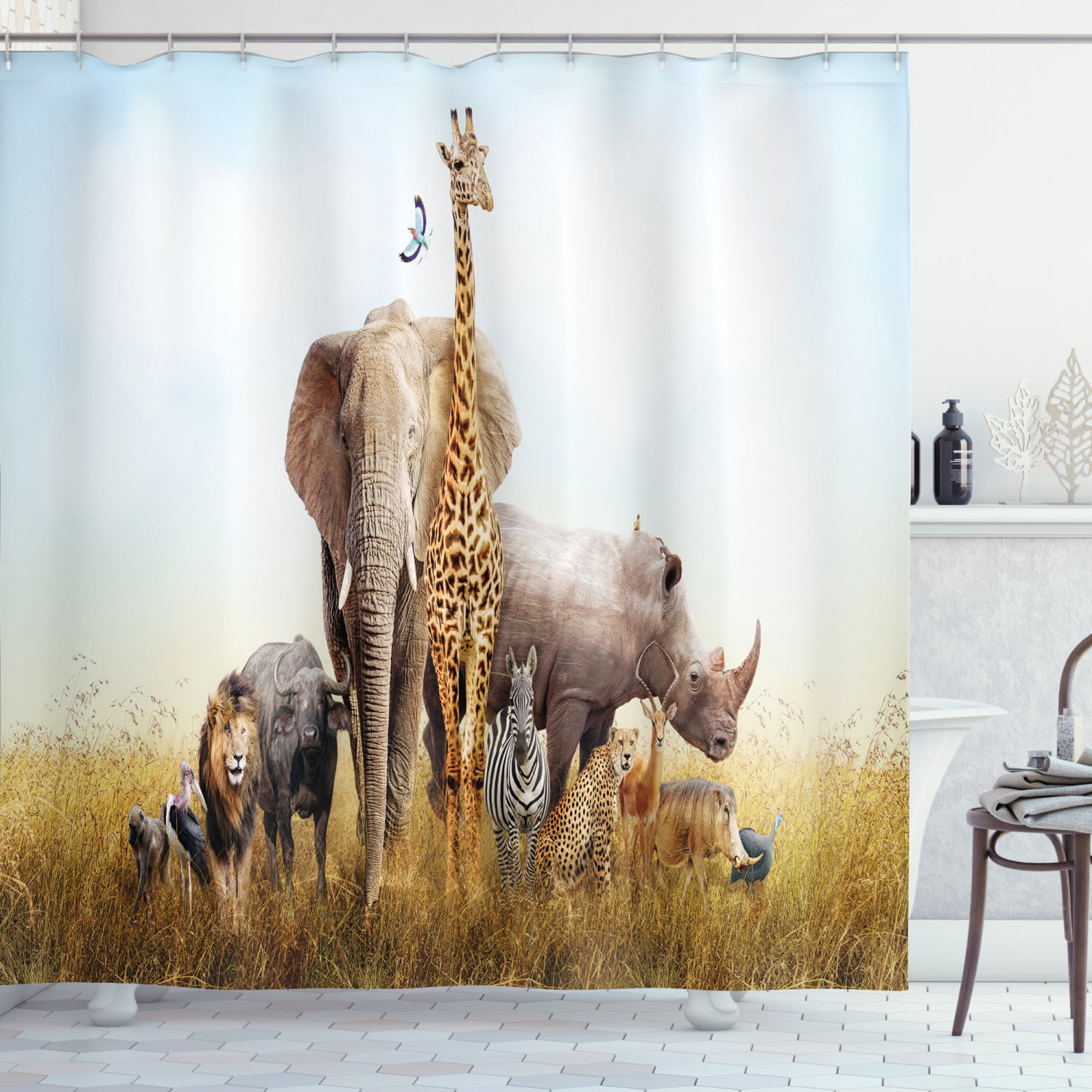 INTERESTPRINT African Safari Animal Home Decor,Tree of Life Elephant Giraffe Sunset Lake Polyester Fabric Shower Curtain Bathroom Sets 69 X 72 Inches
