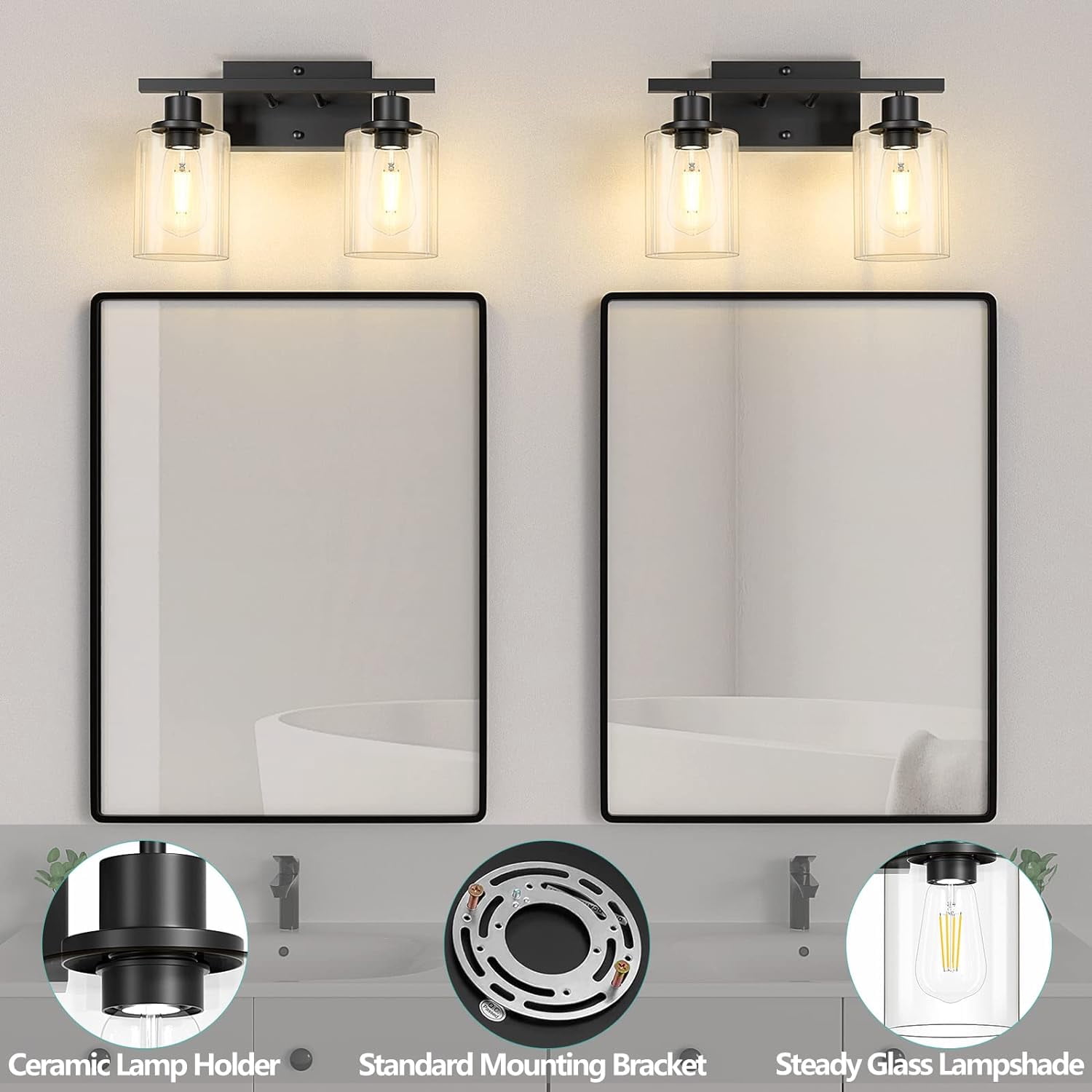 2-Light Black Bathroom Light Fixture, Vanity Light Over Mirror with Clear Glass Shade, Bathroom Wall Sconces Lighting for Bedroom, Living Room, Hallway, E26 Base (Bulbs Not Included)