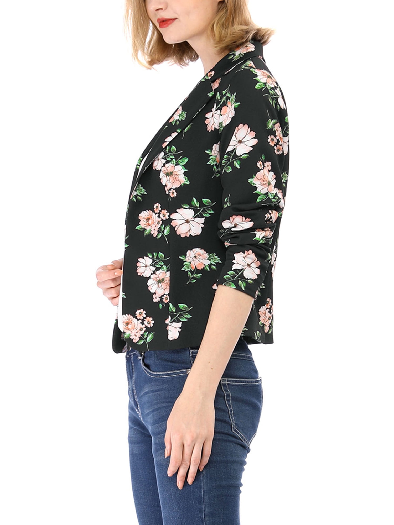 DARING DIVA Women's Elegant Notched Lapel Floral Print Blazer M Black-Floral