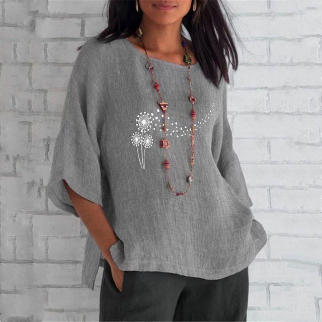 Hauts d'Été pour Femmes 2023 Femmes Aguichant Imprimé Régulier Bouton Col Rond Manches Trois Quarts Haut Bohème Grande Taille T-Shirt pour Femmes