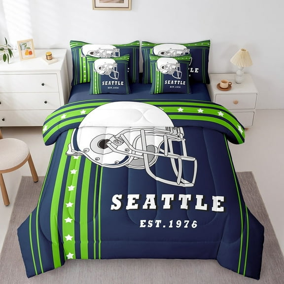 Twin Size 7Pcs Bedding Sets American Football Comforter Set with Sheets, Football City Sports Theme Comforter Set Bed-in-a-Bag 7-Piece, Navy Blue Fluorescent Green (Seattle)