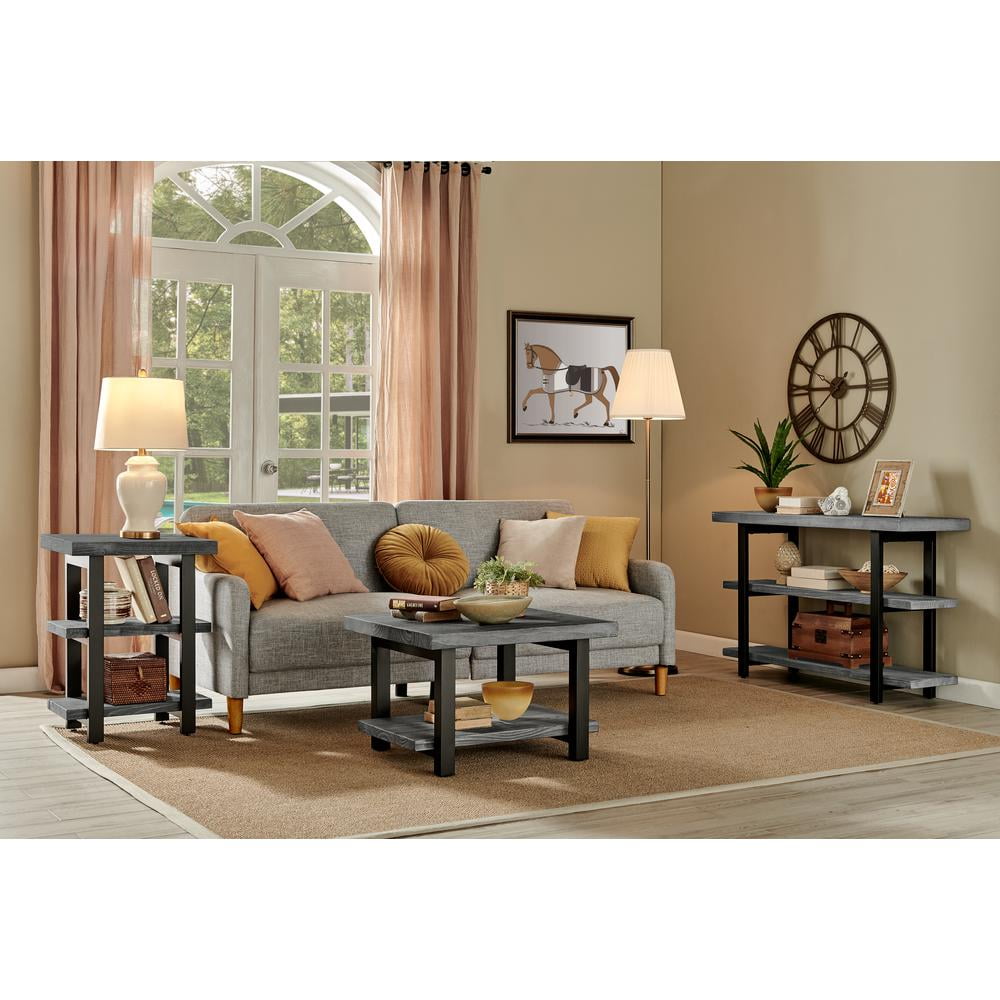 Alaterre Furniture Pomona Industrial 2-Shelf End Table with Solid Pine Wood and Metal Legs, Living Room Furniture, Slate Gray