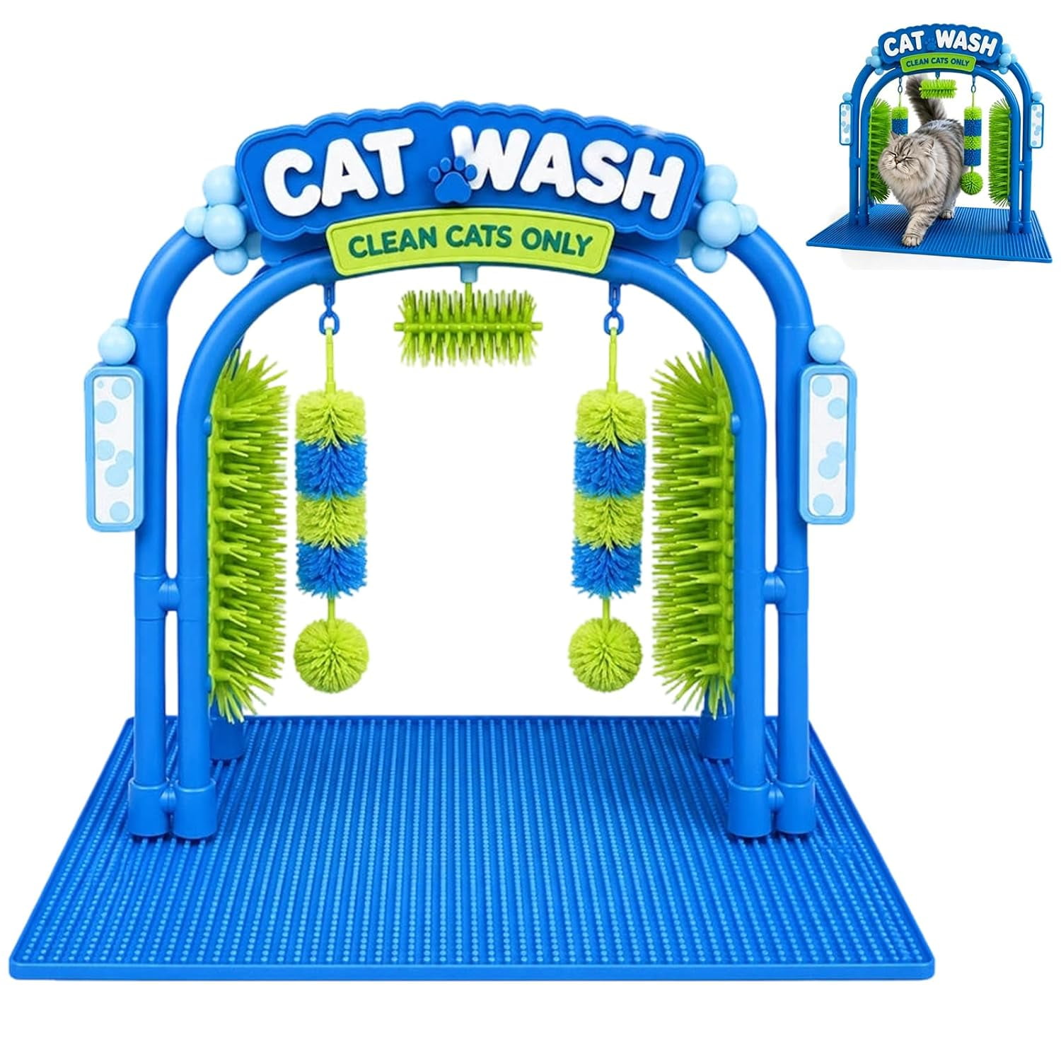 Cat Wash Grooming Station, Self‑Grooming Cat Wash Station with Rubber Brushes & Non-Slip Base, Cats Self Grooming Brushes, Interactive Groomer Corner Scratcher & Hair Deshedding Brush for Cats