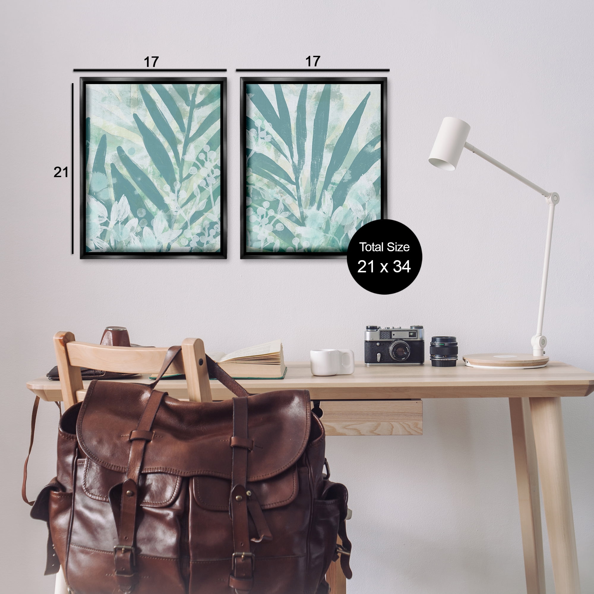 Stupell Industries Teal Palm Fronds Plants & Flowers Painting Black Floater Framed Canvas Art Print Wall Art, 17 x 21, Set of 2