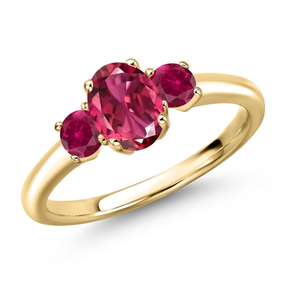 Gem Stone King 10K Yellow Gold Pink Tourmaline and Red Created Ruby Engagement Ring for Women | 1.35 Cttw | Oval 7X5MM | Gemstone October Birthstone | Size 8
