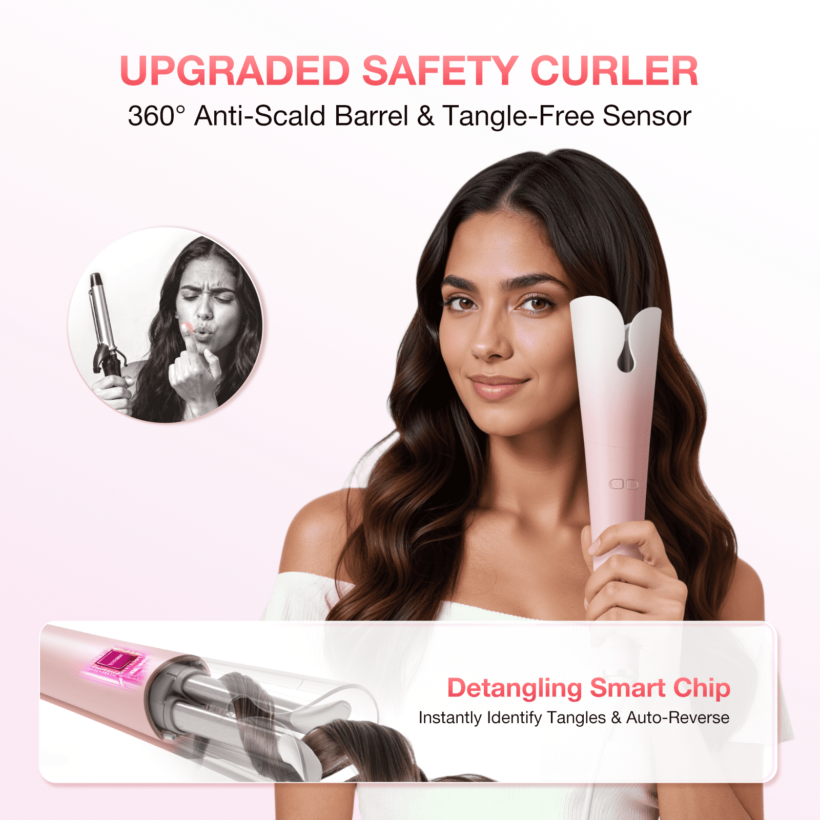 BABONIR 1.25'' Automatic Curling Iron for Beginners - 3 Temp, 2-Way Rotation, Anti-Scald, 500M Ionic, Dual Voltage, Champagne Pink