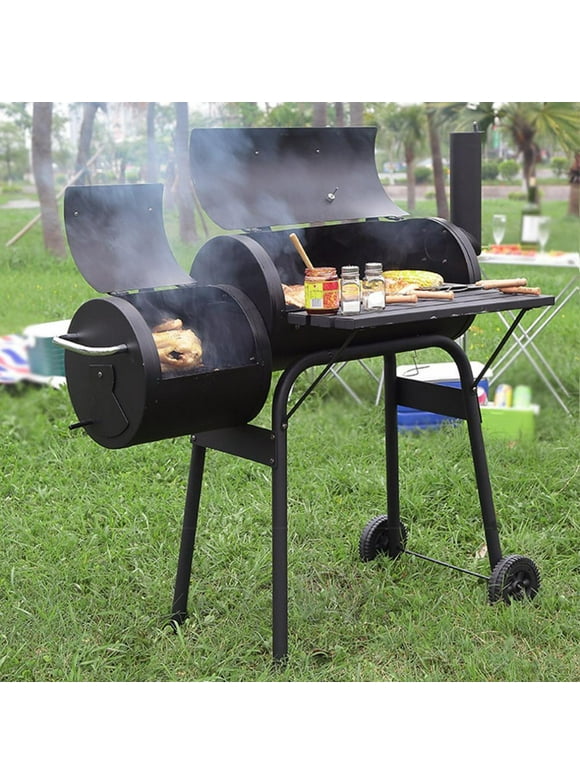 Dkelincs 43'' Charcoal Grill with Wheels and Side Fire Box -BBQ Grill Perfect for Camping, Outdoor Party and Picnics Portable Barbecue Grill for 6-10 People