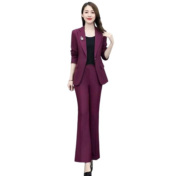 Quixlent 2 Pcs/Set Lady Formal Coat Pants Set Turn-down Collar Long Sleeves Suit Jacket Slim Fit Pure Color Flared Trousers Daily Wear Commuting Outfit Office Outfit