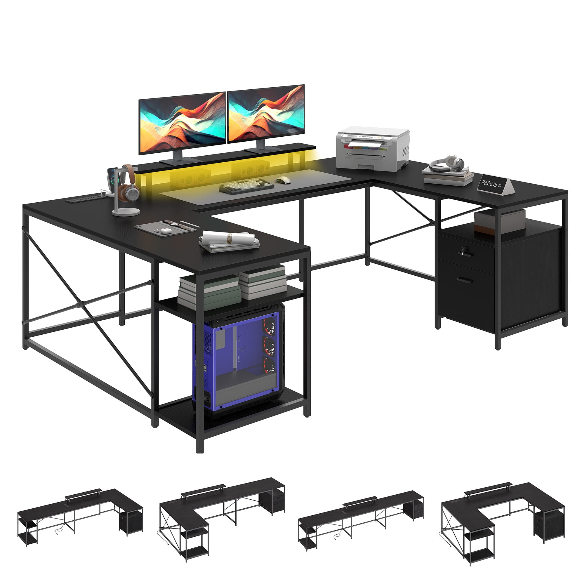 Uforic U Shaped Computer Desk with Power Outlets and LED Lights, Reversible L Shape Desk for Home Office, Black