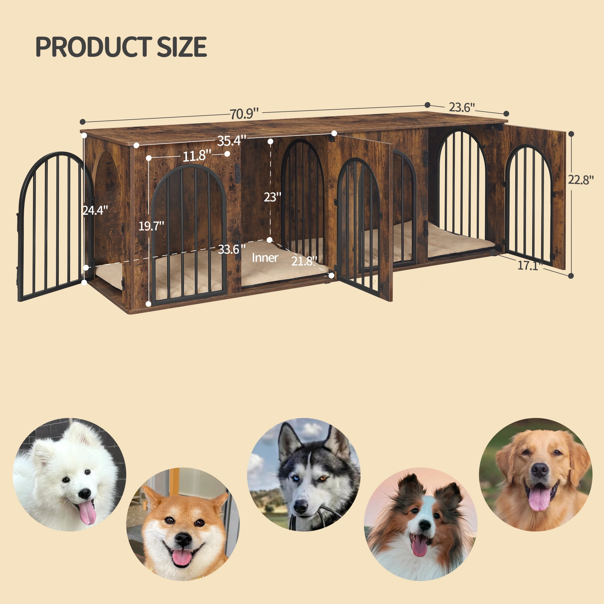 Dog Crate Furniture, 71" Heavy Duty Dog Kennels with Divider, Pads, Side Table, TV Cabinet
