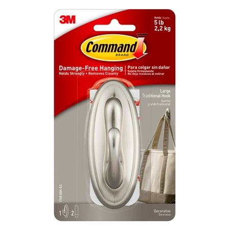 Command Traditional Hook, Brushed Nickel, Large, 1 Hook, 2 Strips/Pack