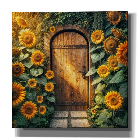 Epic Graffiti 'Rustic Door In Sunflowers' by Rey Klimt Canvas Wall Art, 26" x 26"