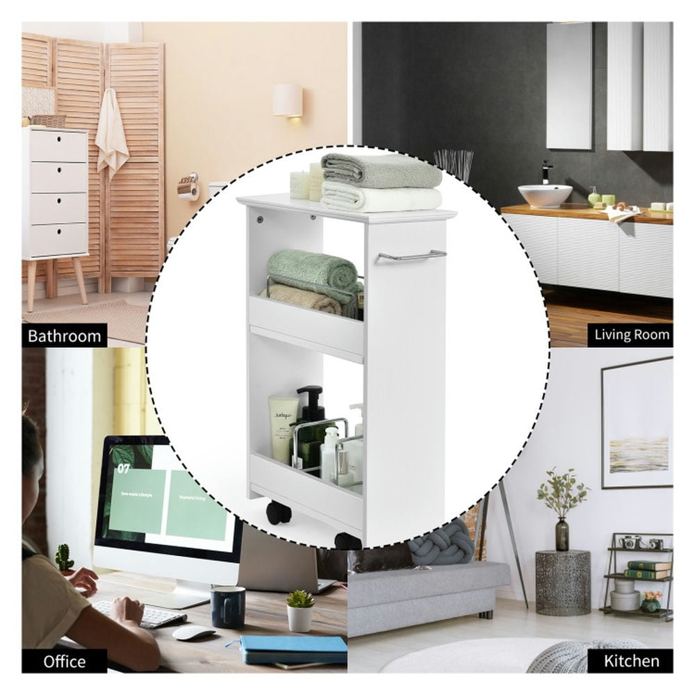 Finihen Storage Cabinet, Floor Cabinet, Slim Rolling 3-Tier Bathroom Mobile Shelving Cabinet wih Handle, for Bathroom, Living Room, Bedroom, Kitchen, White