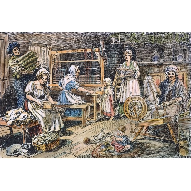 Colonial Cloth Makers Ncarding Spinning And Weaving Woolen Cloth In An