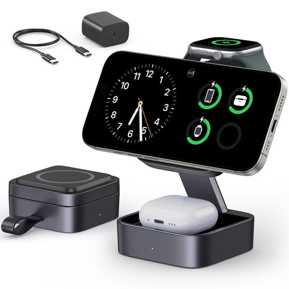 3-in-1 Foldable Magnetic Wireless Charging Station Compatible for Iphone 17/16/15/14/13/12, Apple Watch & Airpods - Modern Square Design,Black