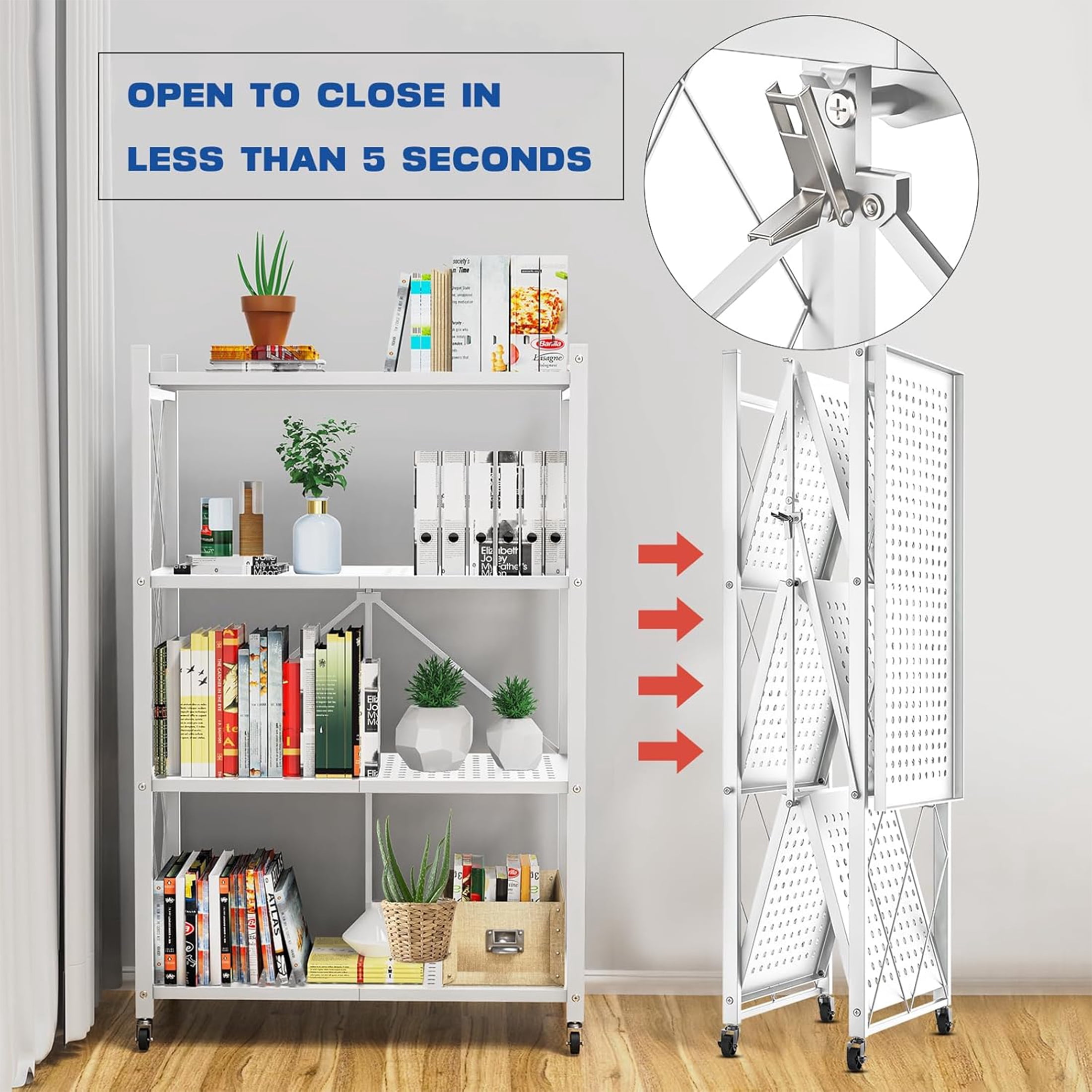Lifetime Appliance Parts 4-Tier Foldable Storage Shelf with Wheels - Metal Collapsible Shelving Unit Display, Rolling Cart for Books Kitchen Storage Shelves, Pantry & Closet Organizer - WHITE