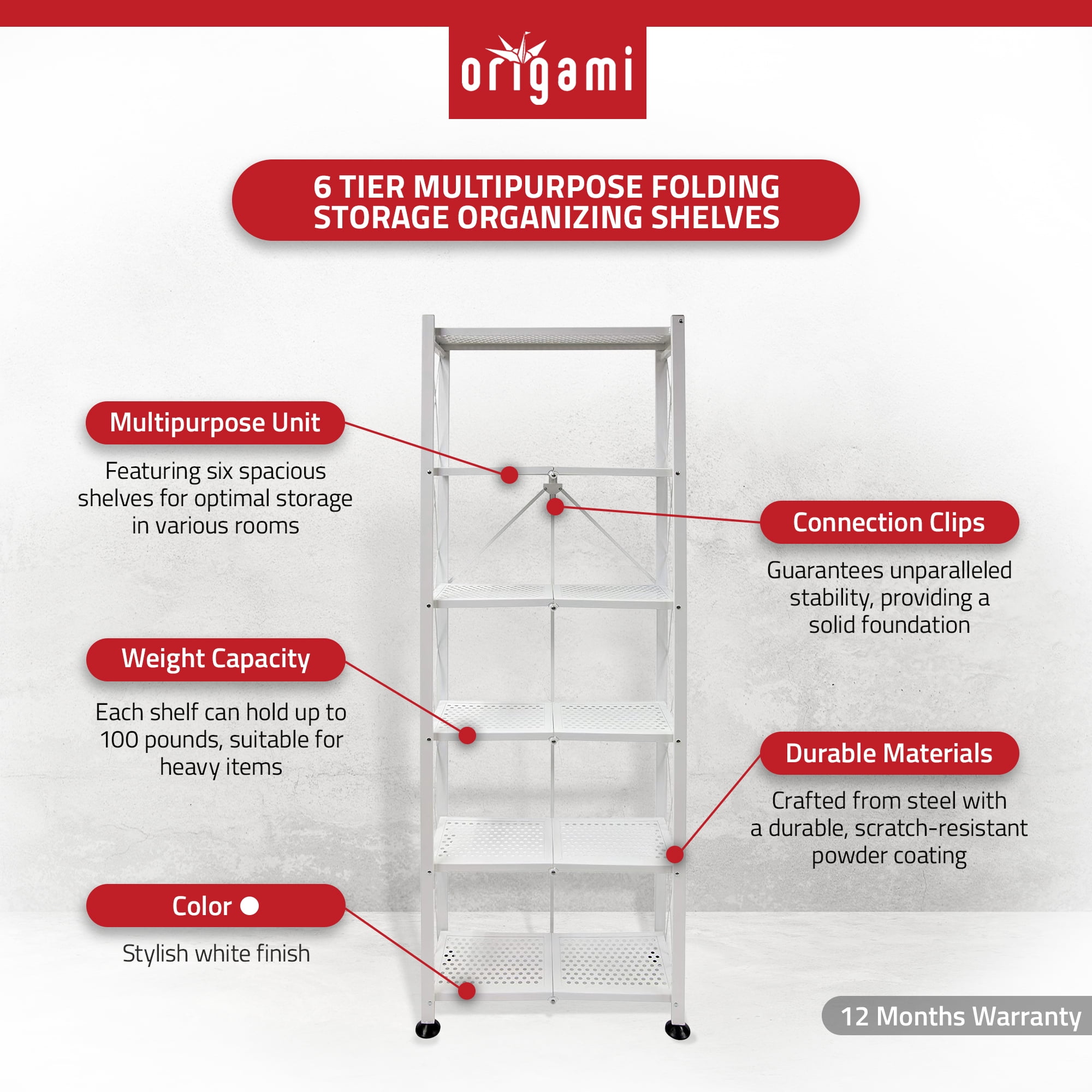 Origami RB-03 6 Shelf Open Styled Home Organizational Deco Rack Bookshelf, White