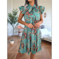 thumbnail image 4 of Women Floral Pleated Knee-Length Dress Vacation Crew Neck Sleeveless High Waist Slim Robe Green S, 4 of 7
