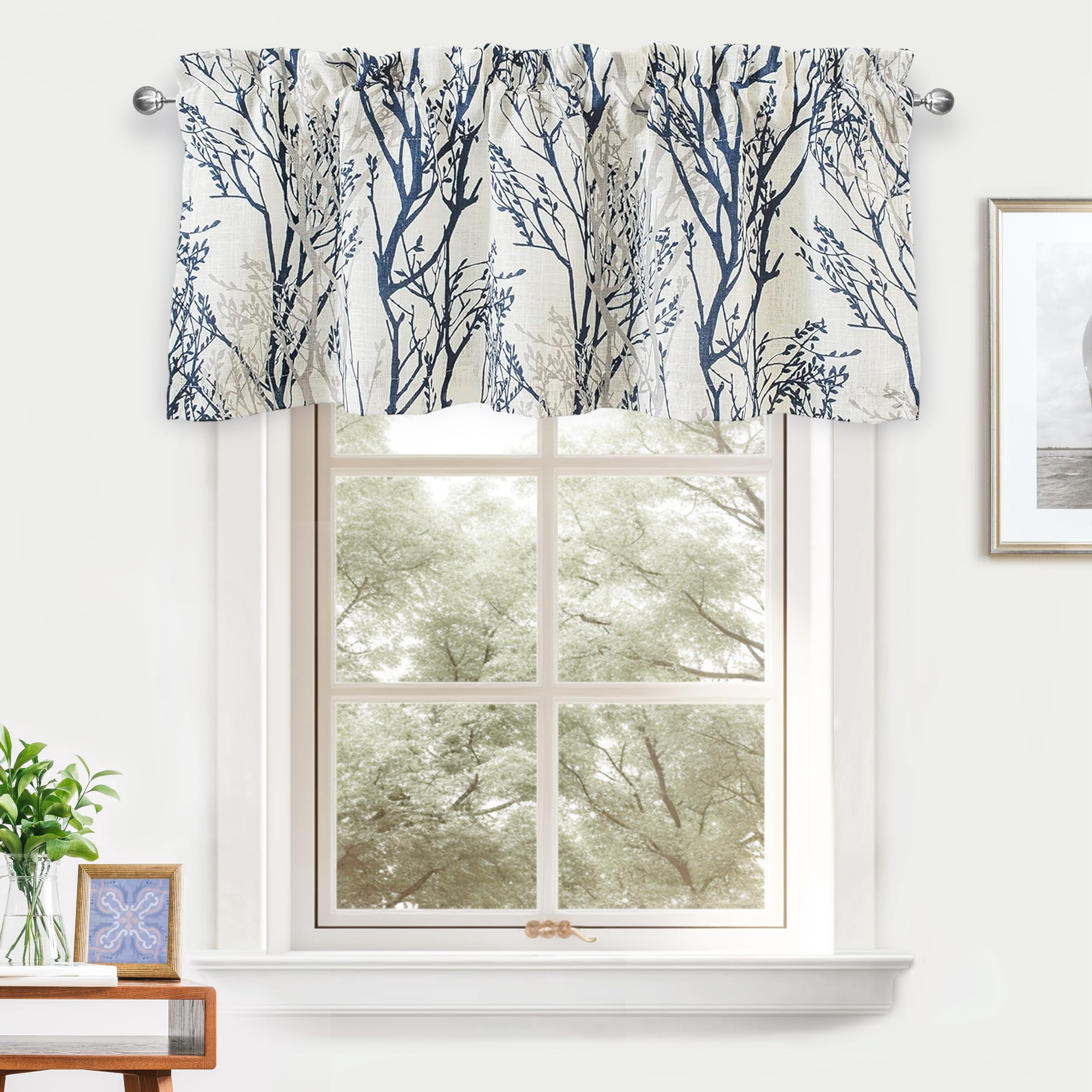 DriftAway Tree Branch Linen Blend Abstract Ink Printing Lined Thermal Insulated Window Curtain Valance Rod Pocket 52 Inch by 18 Inch Plus 2 Inch Header Blue