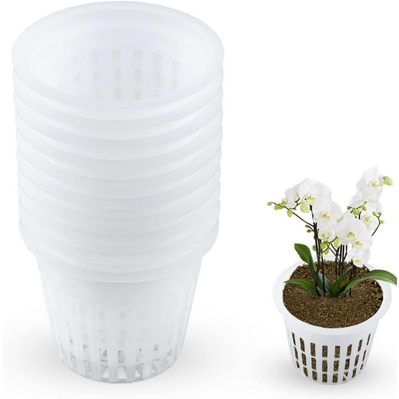 Kiibsot 3 Inch Orchid Pot Pack of 10, Net Cup Pots with Holes and Saucers, Orchid Pot Growers Assortment, Plastic Orchid Pots Mesh Pot Net Cup Basket Hydroponic for Repotting